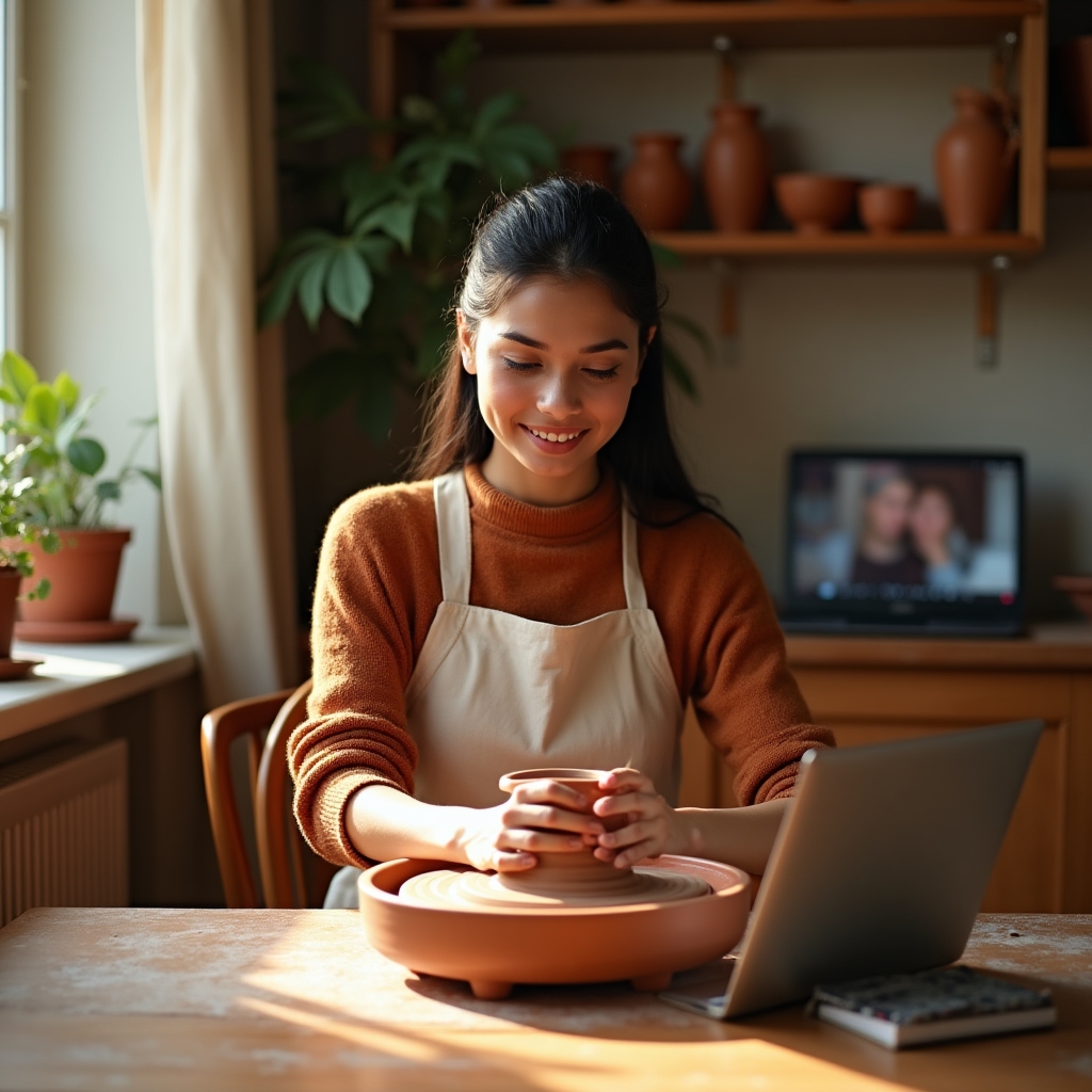 Woman shaping clay on a small tabletop pottery wheel at her home dining table during a live video class