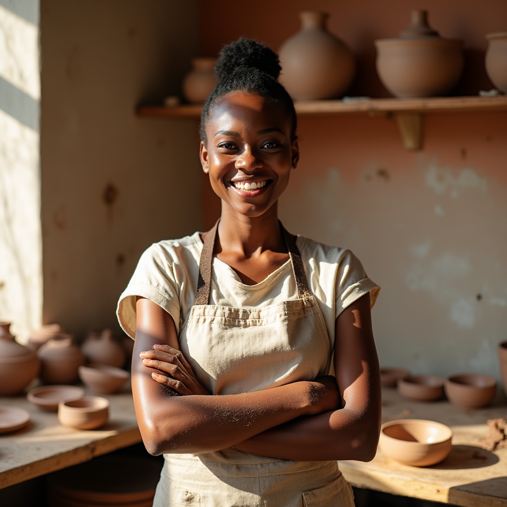 Pottery instructor in a clay-stained apron smiling while standing beside a shelf of glazed ceramic pieces