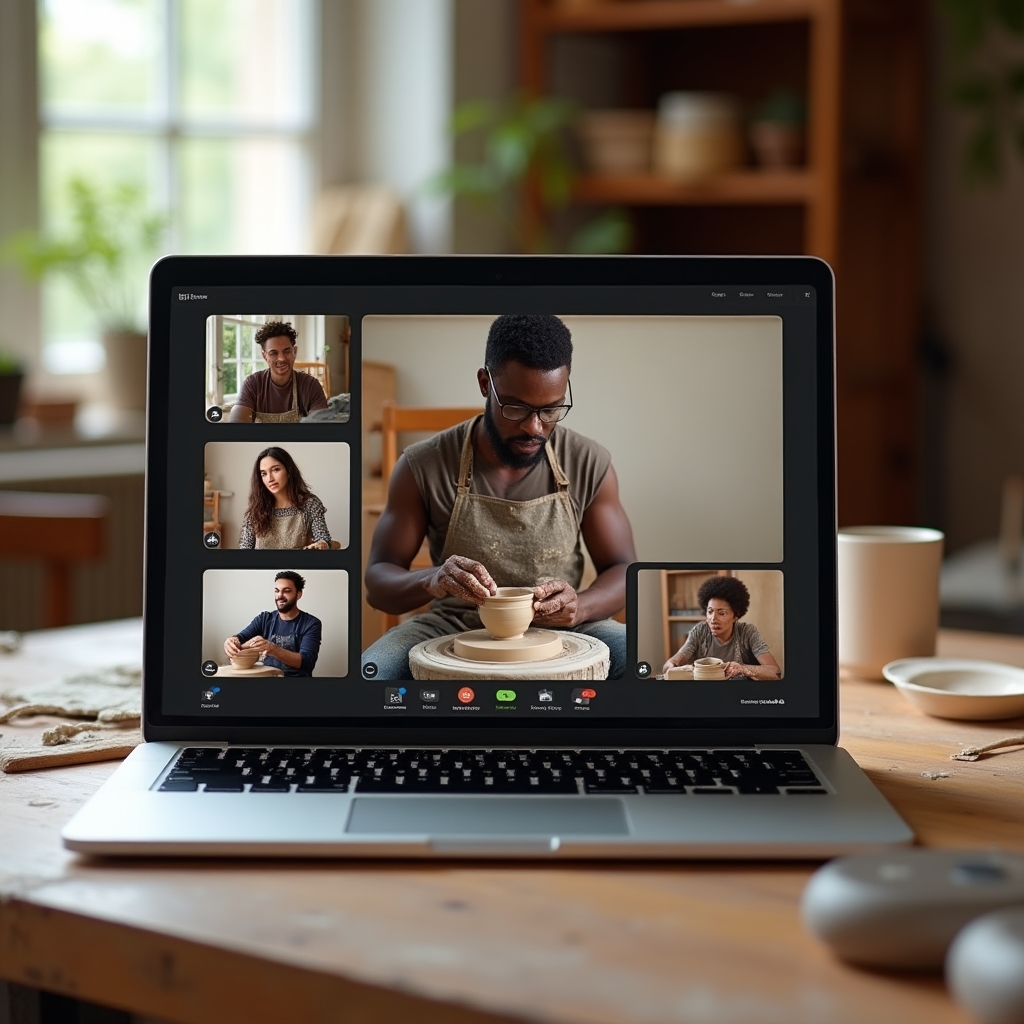 Instructor on a laptop screen demonstrating a centering technique to several students joining from their homes