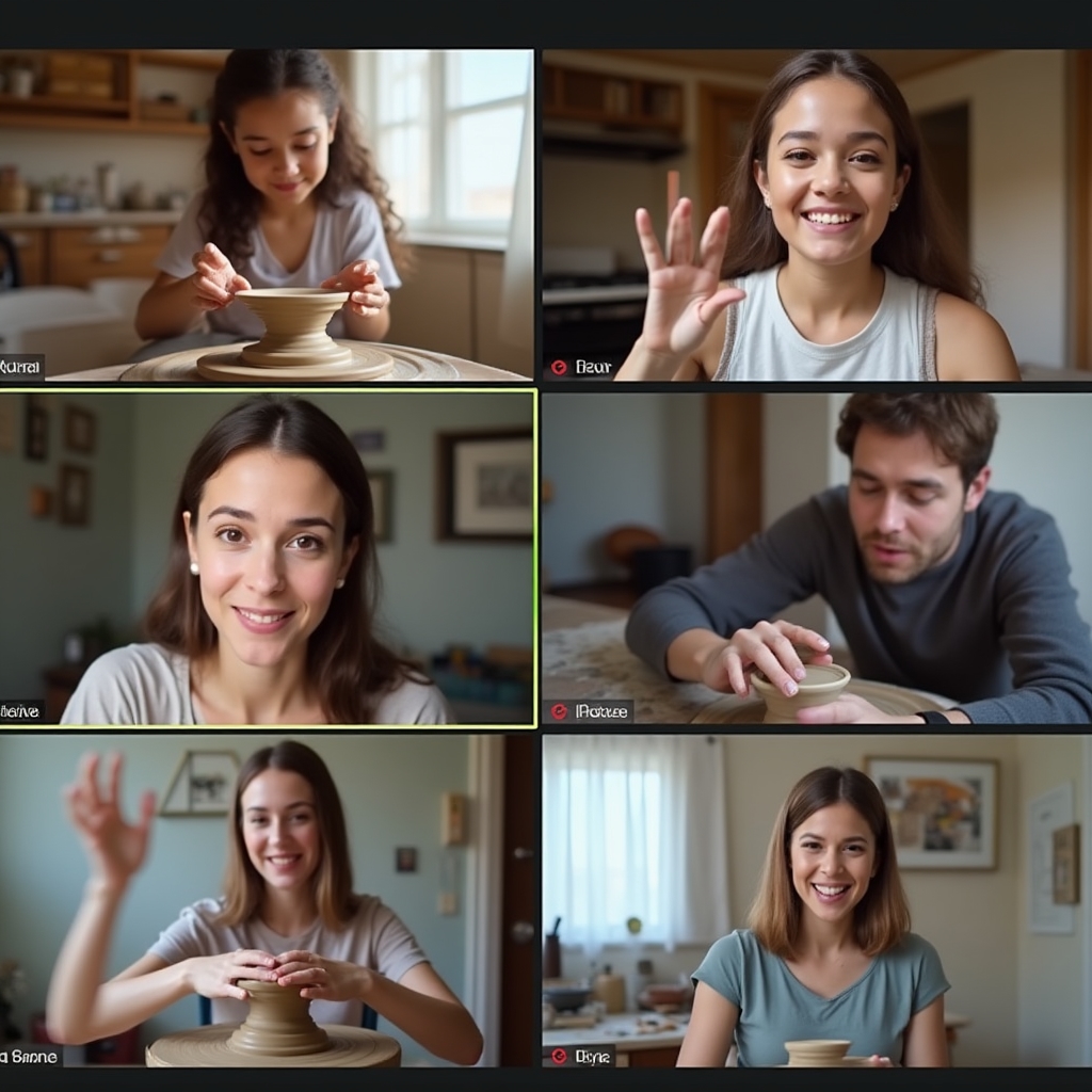 Grid view video call showing five participants at their home pottery setups alongside an instructor demonstrating a technique