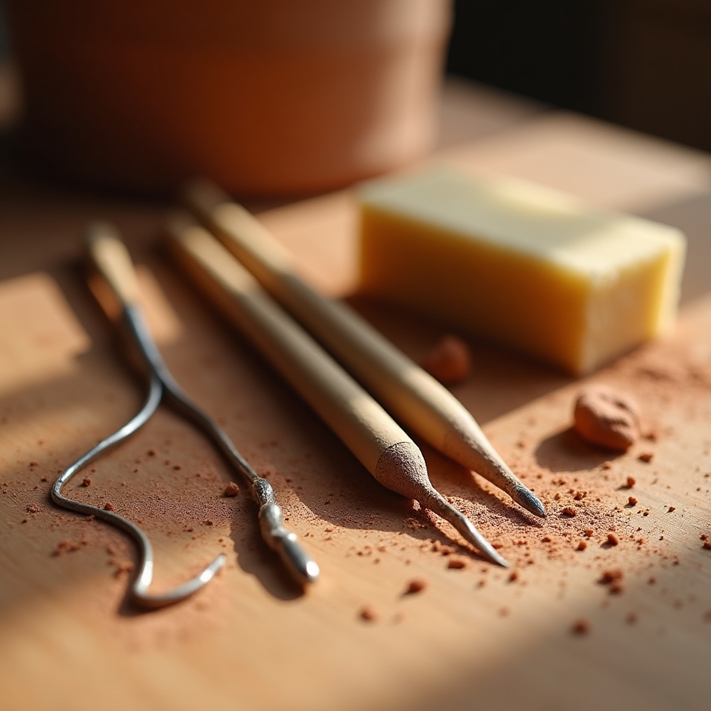 Close-up of pottery hand tools including a wire cutter, wooden rib, needle tool, and sponge arranged on a clay-dusted work surface